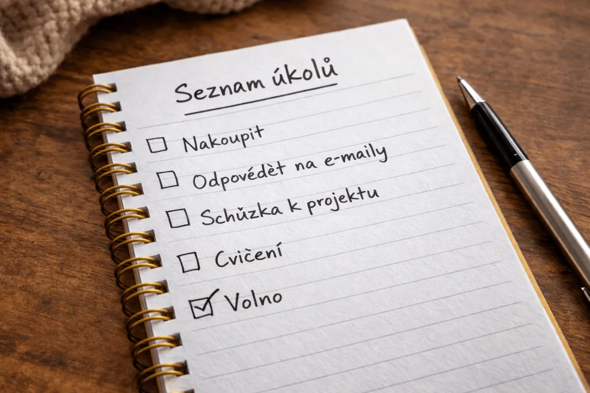 Seznam úkolů v plánovači, kde je jako úkol odškrtnuté ‚Volno‘ — symbolizuje, jak se i odpočinek mění v povinnost.