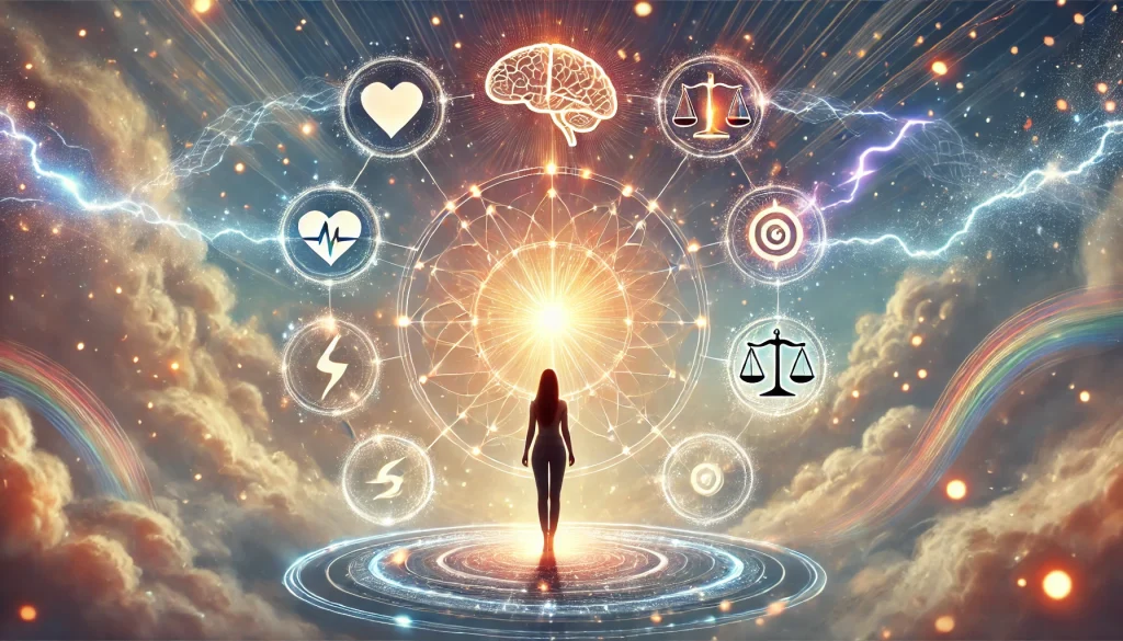 Postava stoji uprostred zariciho kruhu propojeneho symboly emoci nad ni zari mozek symbolizujici mentalni jasnost a emocni transformaci
