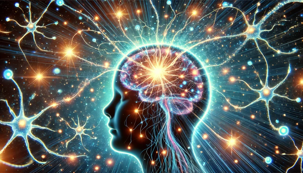 Zarici silueta detske hlavy plna vetvicich se neuronovych spojeni s jasnymi body symbolizujicimi rychlou tvorbu neuronu v mozku