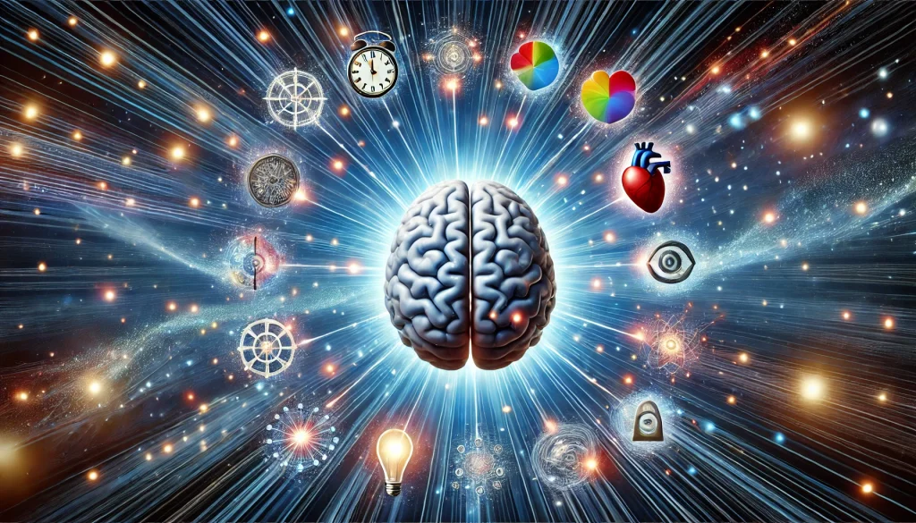 Zarici mozek uprostred obrazu s dvanacti paprsky smerujicimi k symbolum casu emoci kreativity a pameti znazornujici zakony fungovani mozku