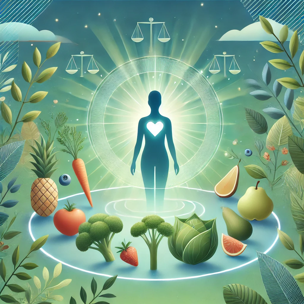 Ilustrace propagujici peci o sebe a dusevni pohodu s postavou obklopenou symboly zdravi jako jsou ovoce zelenina a uklidnujici prirodni motivy