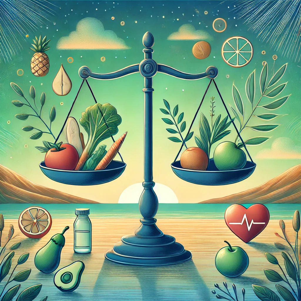 Konceptualni ilustrace znazornujici rovnovahu mezi zdravym stravovanim a peci o dusevni zdravi s vahami zobrazujicimi jidlo a symboly pece o sebe