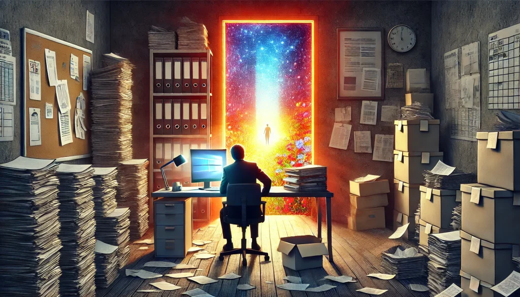 Osoba sedi u sedeho stolu plneho papiru za ni se otevira jasne dvere vedouci do barevneho sveta plneho prilezitosti a kreativity