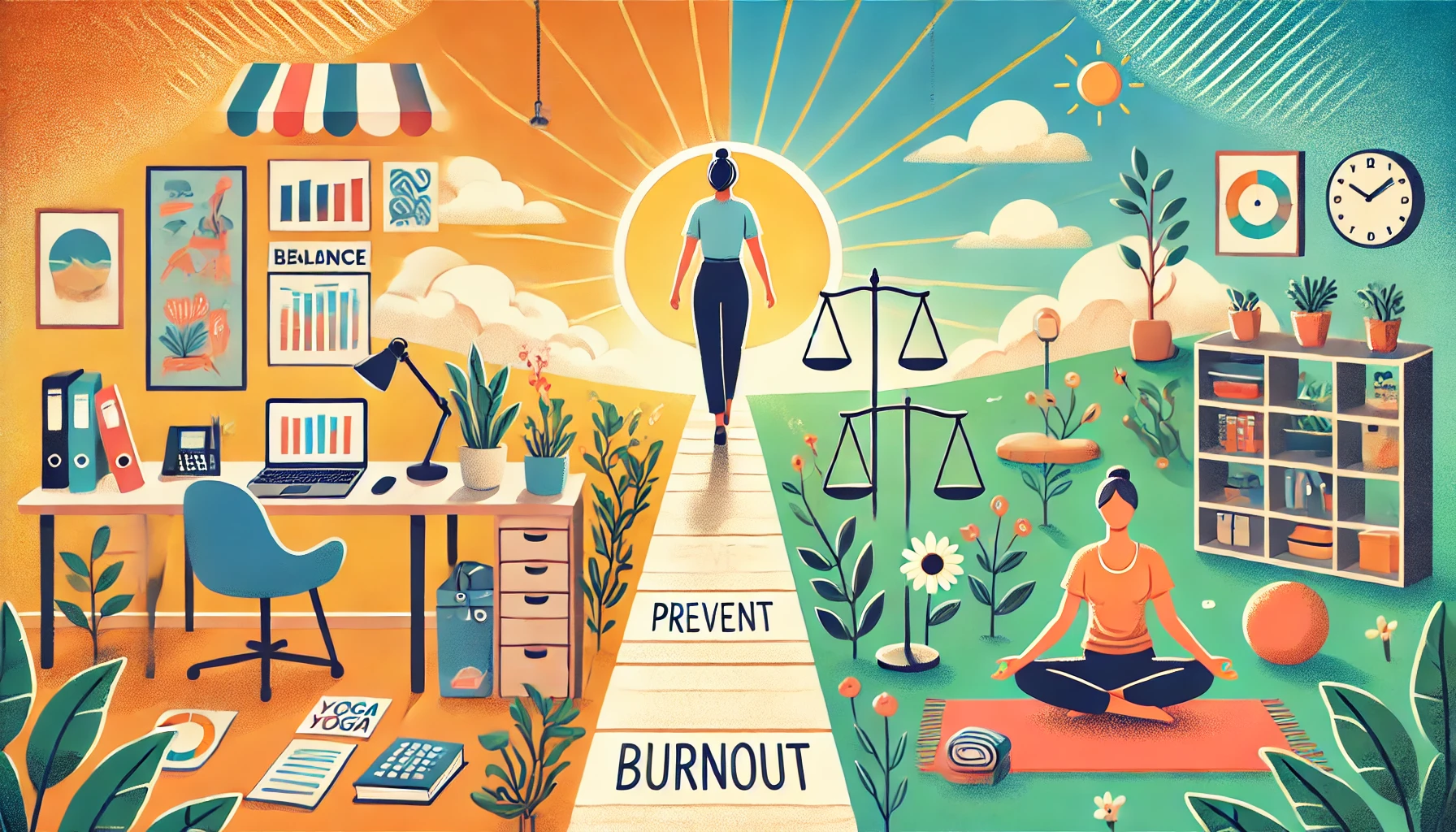 Osoba kraci po ceste rozdelene mezi pracovni prostredi s notebookem a relaxacni zonu s prirodou a knihami nad ni vychazi slunce symbolizujici rovnovahu