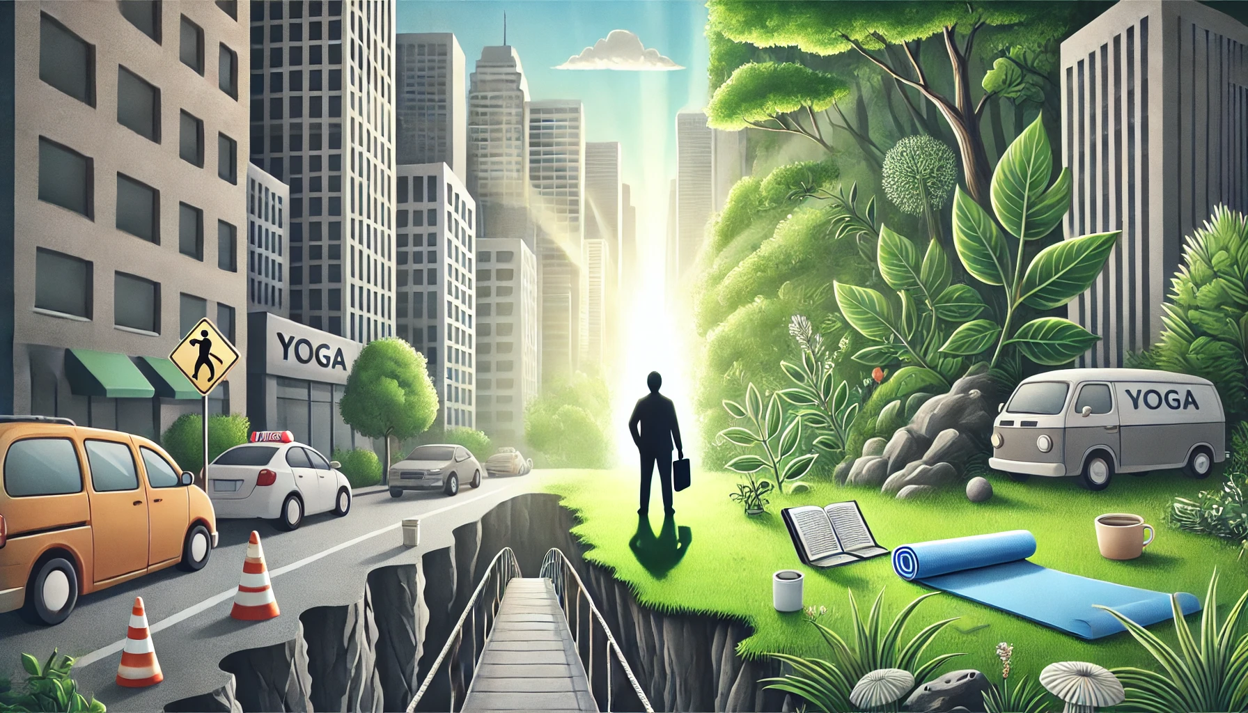 Vycerpana postava s aktovkou stoji na okraji rusneho mesta a hledi na klidnou stezku vedouci do zeleneho parku symbolizujici rovnovahu a obnovu