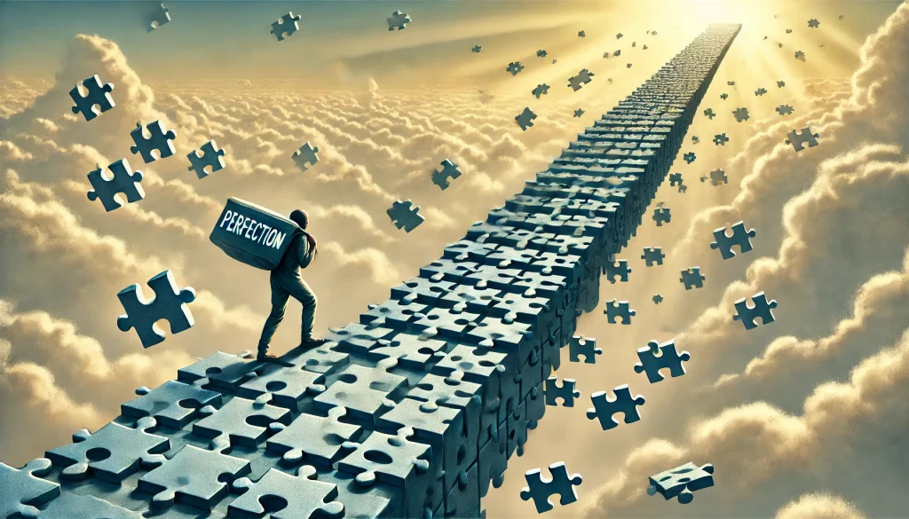 Vycerpana postava stoupa po nekonecnem schodisti z puzzle zatimco nad ni vede jasna cesta mezi oblaky symbolizujici svobodu a prijeti