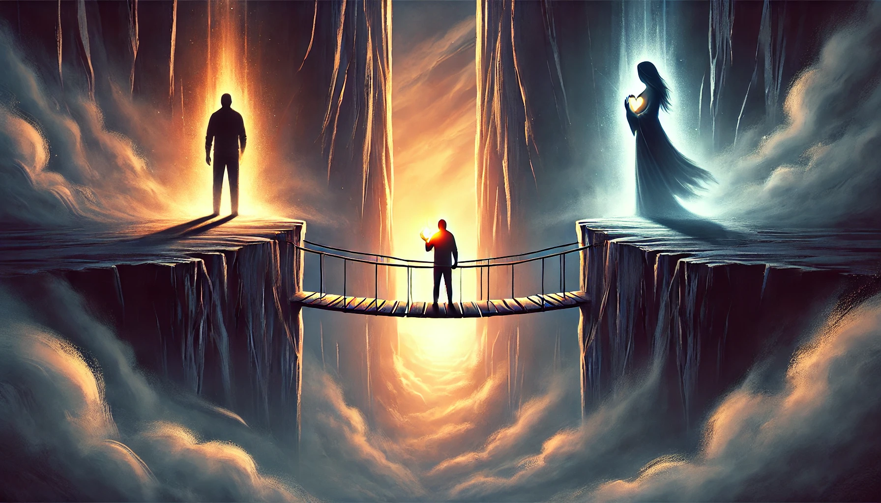Postava stoji na uzkom moste medzi tmavou stranou s tienmi rodicov a svetlom symbolizujucim odpustenie a uzdravenie
