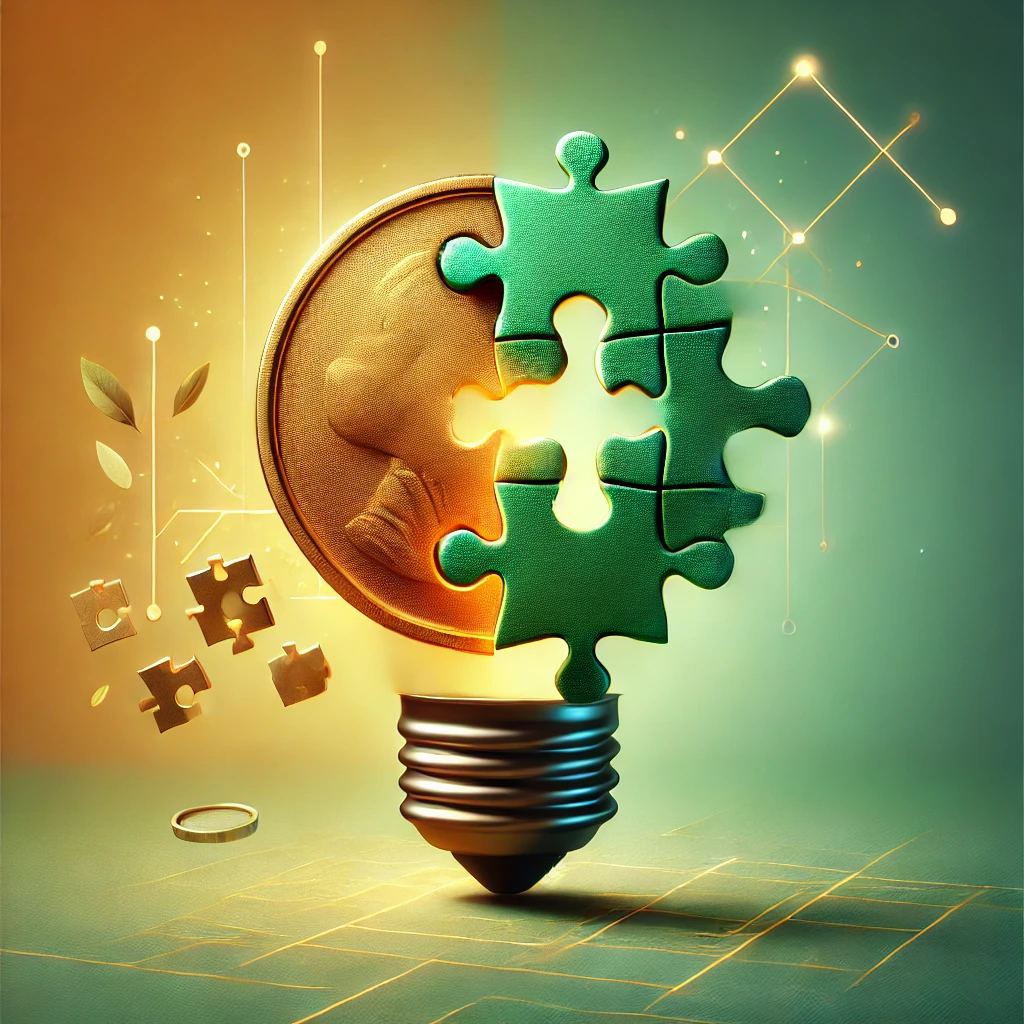 Mince prechazejici do tvaru puzzle dilku symbolizujici novy a inovativni pohled na penize