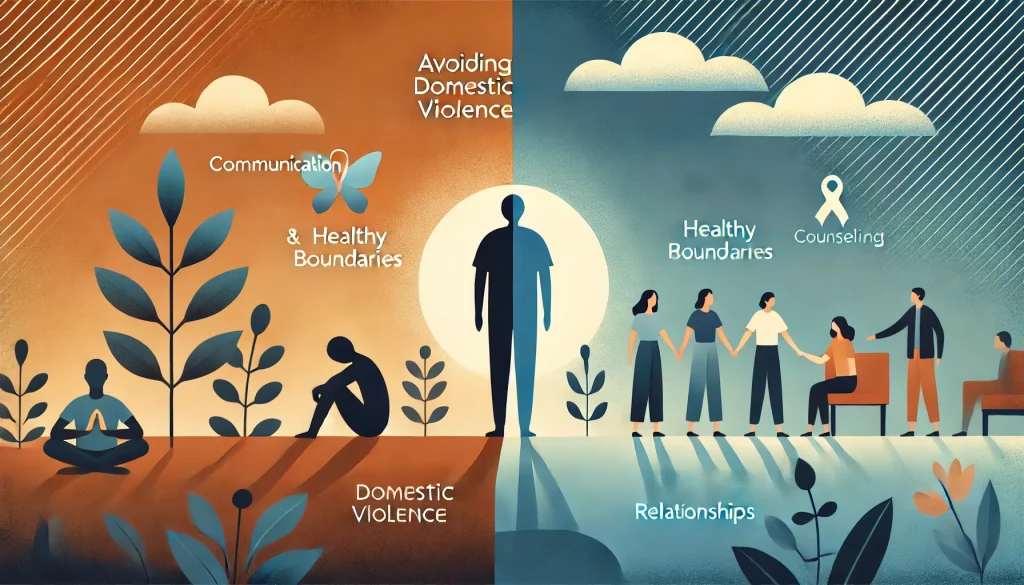 Osoba v klidnem prostredi s pevnou postojem obklopena podpurnou komunitou symbolizujici vyhybani se domacimu nasili a podporu zdravych vztahu