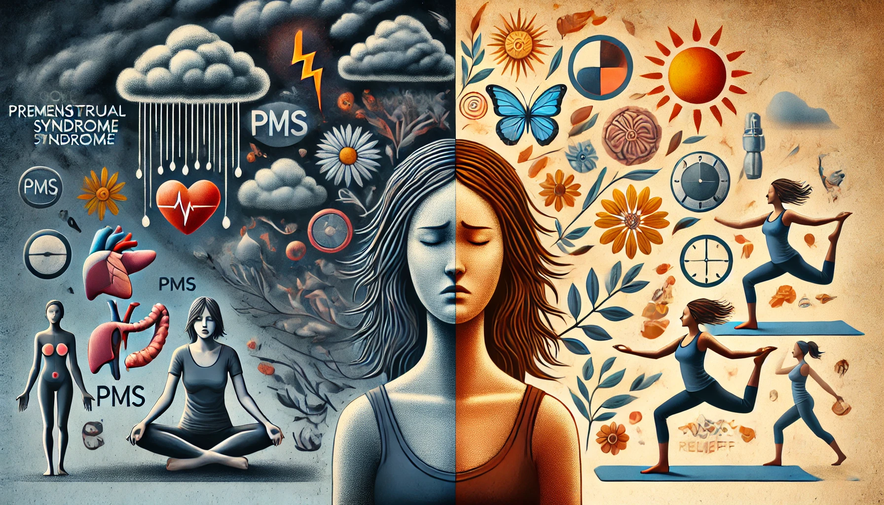 Zena v stresu a obklopena chaotickymi emocemi na druhe strane praktikujici meditaci a peci o sebe symbolizujici prechod od premenstruacniho syndromu k vnitrni rovnovaze