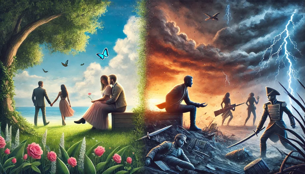 Par v klidne zahrade a v chaotickem valecnem prostredi symbolizujici kontrast mezi harmonickym a toxickym vztahem