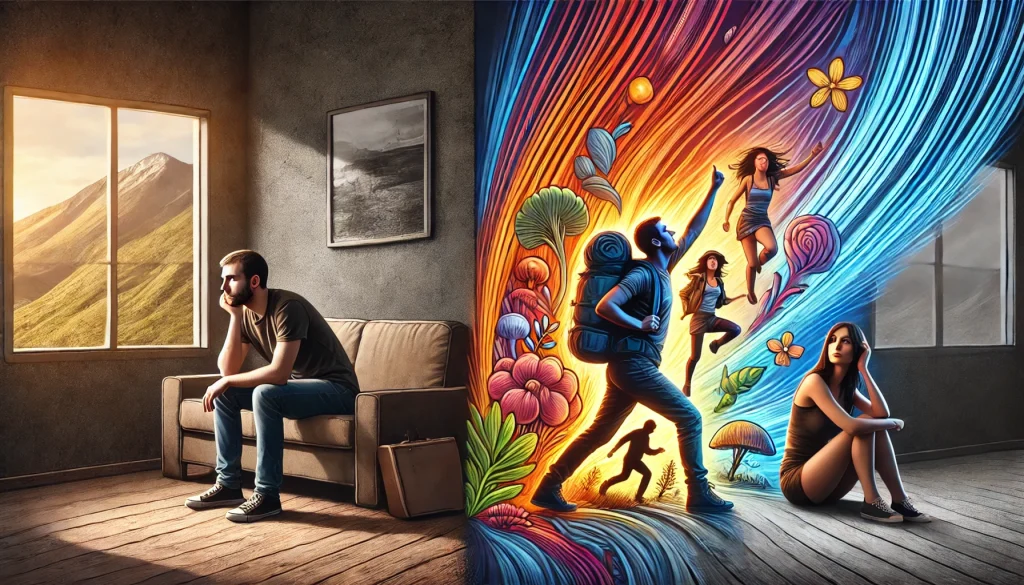 Par v nudne mistnosti a par zapojeny do dobrodruzne aktivity symbolizujici revitalizaci vztahu a nahrazeni nudy vzrusenim a novymi zazitky