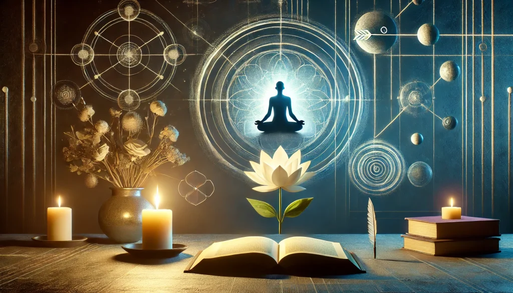 Symboly spirituality jako je svicka lotus nebo otevrena kniha bez tradicniho nabozenskeho zobrazeni boha obklopene abstraktnimi symboly jednoty a miru