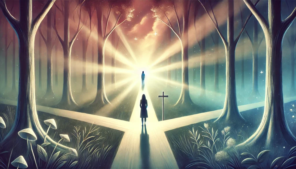 Osoba stojici na rozcesti hledici do dalky kde skrze stromy zari jemne svetlo a na konci cesty je postava symbolizujici osobu kterou jsou urceni potkat