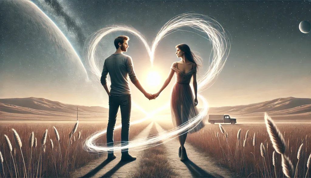 Pravá láska dává svobodu 5 Dvojice stojici spolecne s volne spojenyma rukama propojena jemnym zaricim vlaknem symbolizujicim lasku a svobodu v partnerskem vztahu