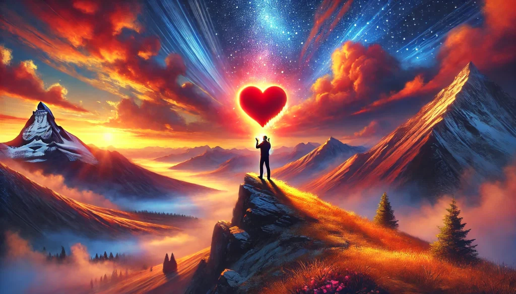 Osoba stojici na vrcholu hory drzici zarici srdce symbolizujici lasku jako vrchol zivota obklopena nadhernou krajinou a teplymi barvami