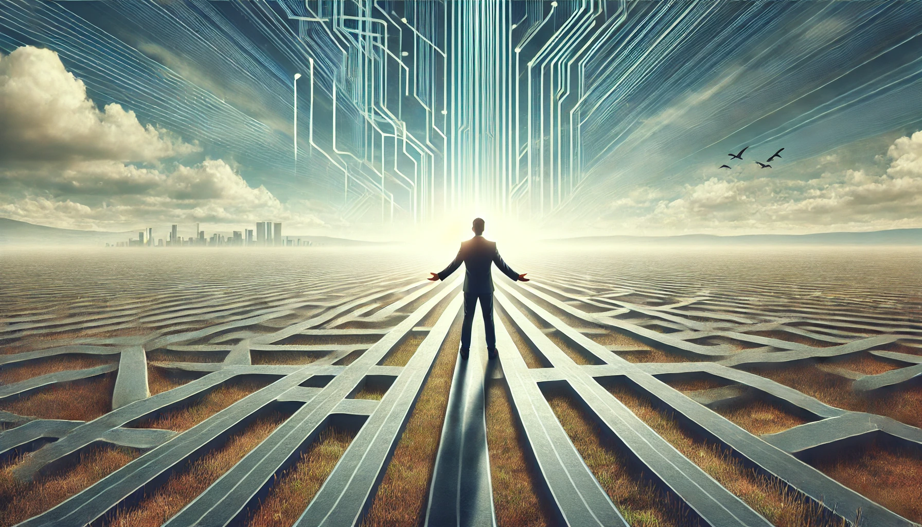 Osoba stojici v otevrene krajine s uvolnenym vyrazem a otevrenyma rukama obklopena mnoha cestami symbolizujicimi nekonecne moznosti a svobodu vyberu