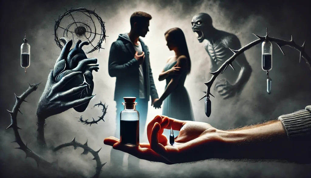 Par stojici spolu jeden drzici malou tmavou lahvicku symbolizujici jed zatimco druhy partner se ji snazi vzit ale je zmateny symbolizujici emocionalni konflikty ve vztahu