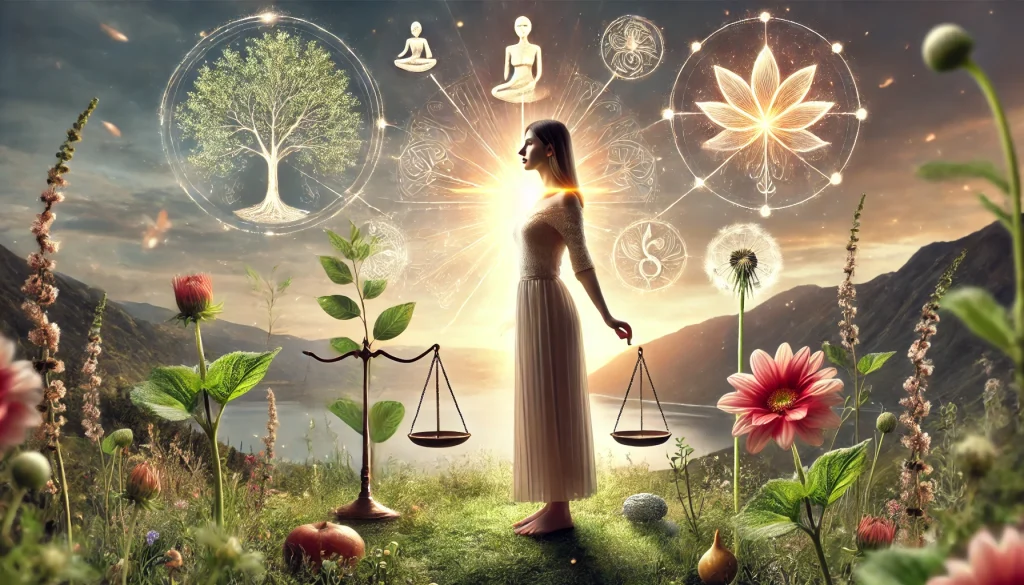 Zena stojici v prirodni krajine obklopena symboly rustu kvetinami vyvazenou vahou a teplym svetlem symbolizujicimi lasku a harmonii ve vztazich