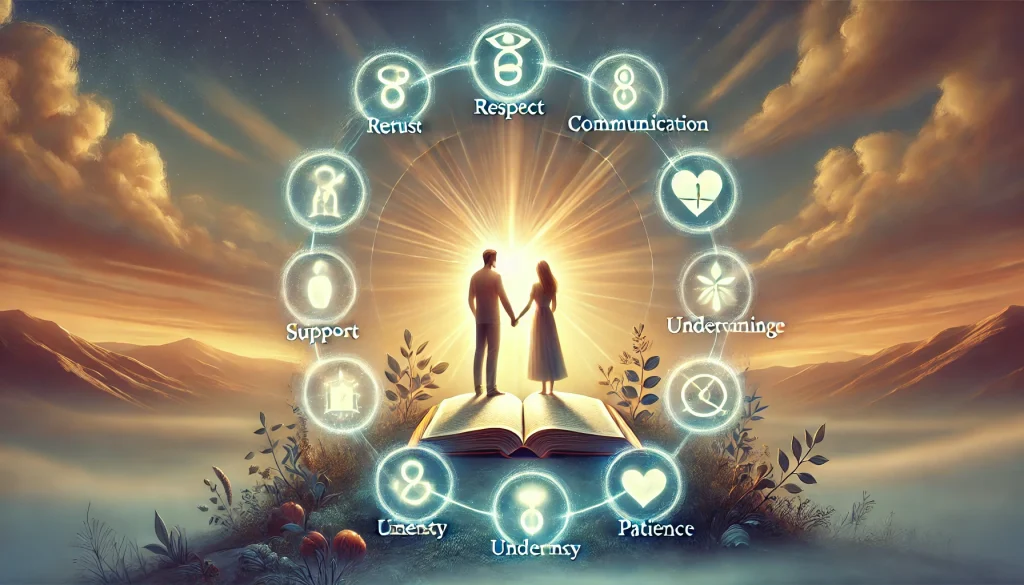 Dvojice lidi drzicich se za ruce obklopena deseti symboly ktere predstavuji klicove hodnoty zdraveho vztahu jako jsou duvera respekt a podpora