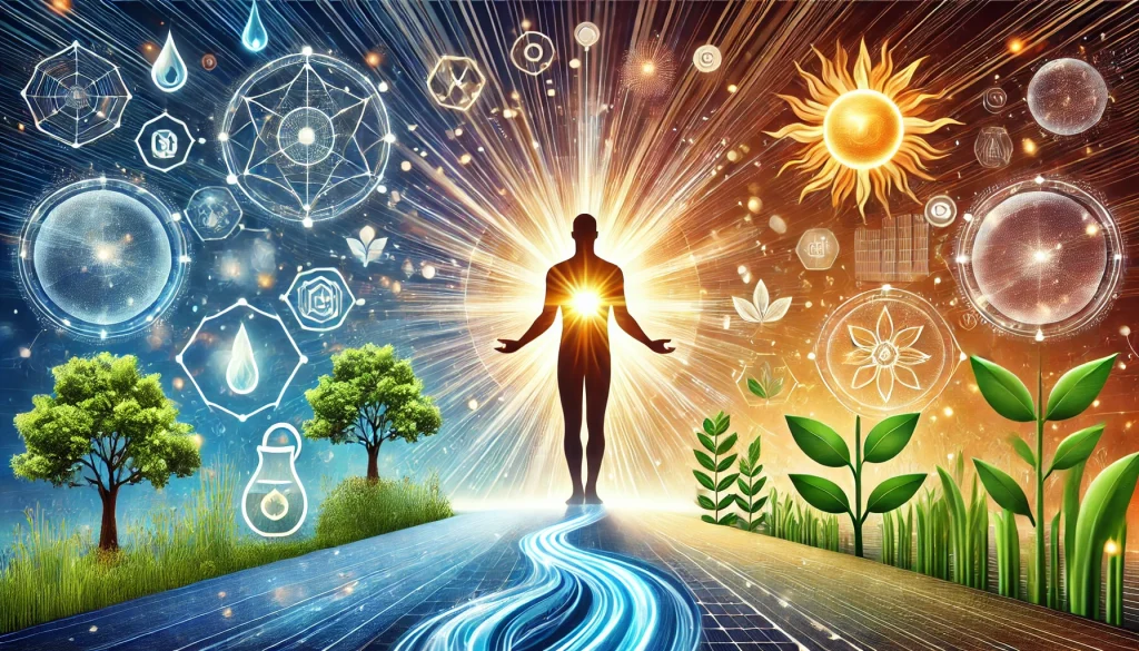 Osoba stojici sebevedome s zaricim zdrojem energie v rukou obklopena symboly zivotni energie jako reka slunce a rostliny