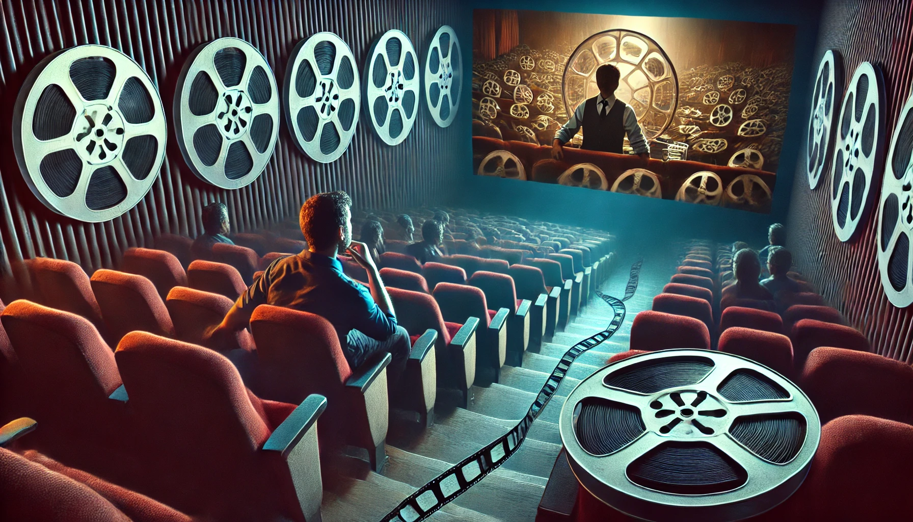 Osoba sedici v kine sledujici tu samou scenu z filmu obklopena filmovymi pasy a plakaty symbolizujicimi cyklus opakovani