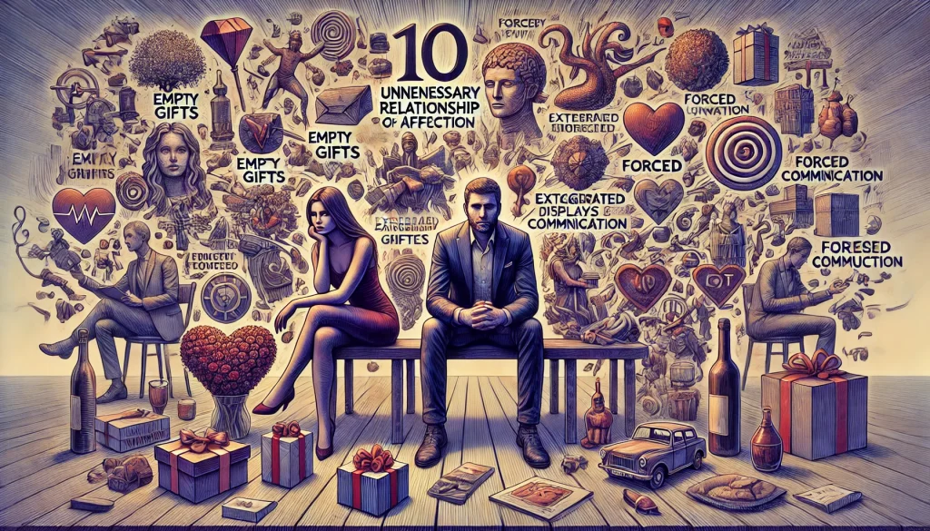 10 zbytečných vztahových gest 4 Par sedici spolecne obklopeny symboly zbytecnych gest jako jsou prazdne darky prehnane projevy naklonnosti a nucena komunikace symbolizujici vzdalenost mezi partnery