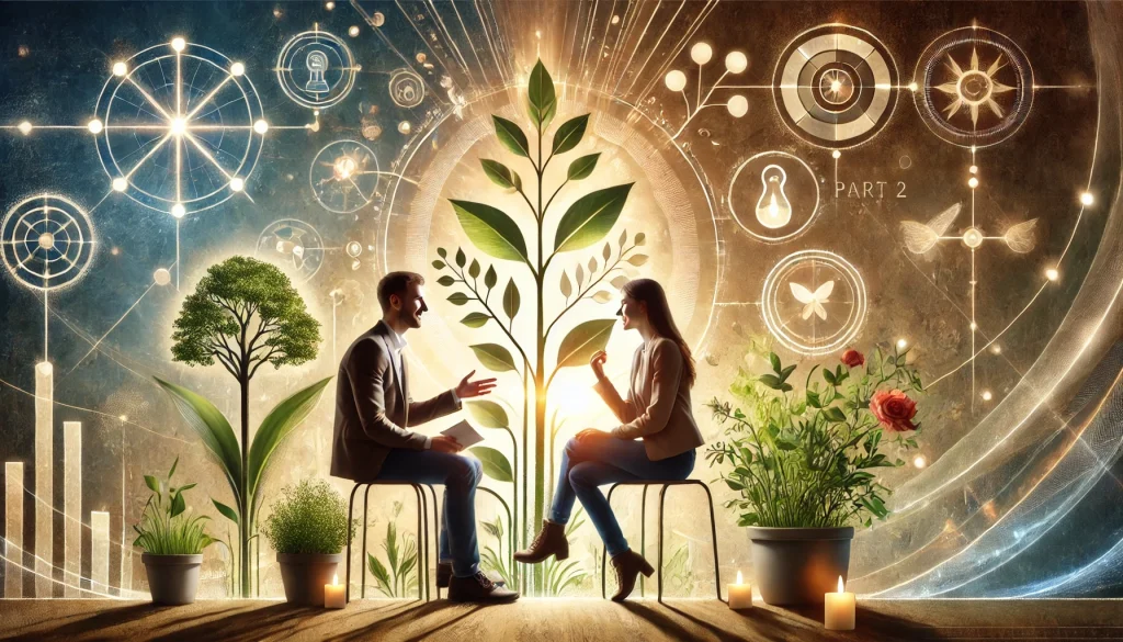 Jak si ve svém životě vytvořit vztahy, po kterým toužíme, 2. díl 2 Dva lide sedici spolu komunikujici v harmonickem prostredi s kvetinami a mekkym svetlem symbolizujicimi rust a vzajemne porozumeni ve vztahu