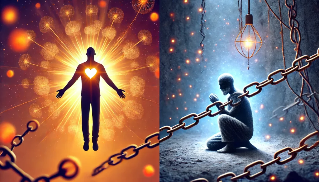 Dve postavy jedna symbolizujici lasku s otevrenymi pazemi a zaricim srdcem druha symbolizujici zavislost s pouty a trapnosti