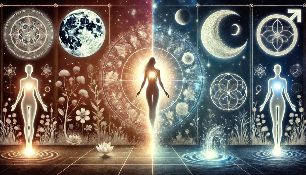 Jak pozvednout ženskou energii aneb rovnováha mezi mužským a ženským světem 1 Zena stojici v harmonickem prostredi obklopena symboly zenske sily s vyzarujicim svetlem symbolizujici rovnovahu mezi muzskym a zenskym svetem