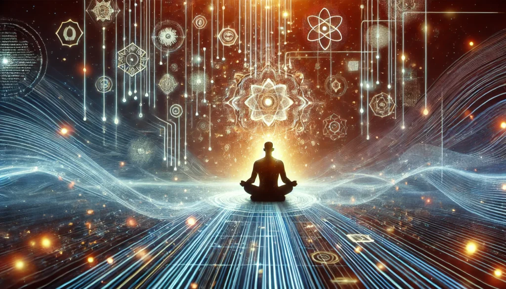 Osoba v meditacnim stavu obklopena digitalnimi symboly a zaricimi liniemi symbolizujicimi reprogramovani podvedomi pro pozitivni zmeny