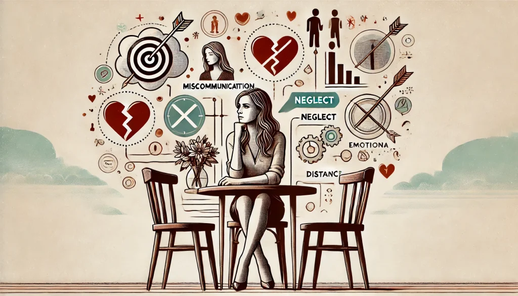 Zena sedici u stolu obklopena symboly nejcastejsich chyb ve vztahu jako je rozbity srdce bublina se zkrizenymi carami a prazdna zidle symbolizujici vyzvy ve vztazich