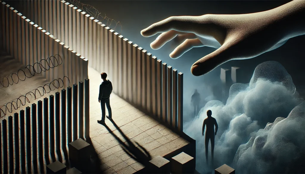 Bez partnera to nezvládnu! 7 Osoba stojici osamocena obklopena stiny a barierami symbolizujici pocity izolace a zavislosti na partnerovi pro uspech