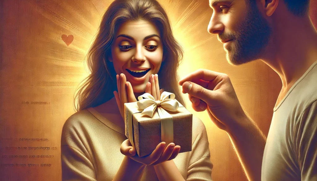 Muz darujici zene krasne zabaleny darek s prekvapenym a potesenym vyrazem na jeji tvari symbolizujici myslenku o prekvapeni prostrednictvim pozornosti a laskavosti