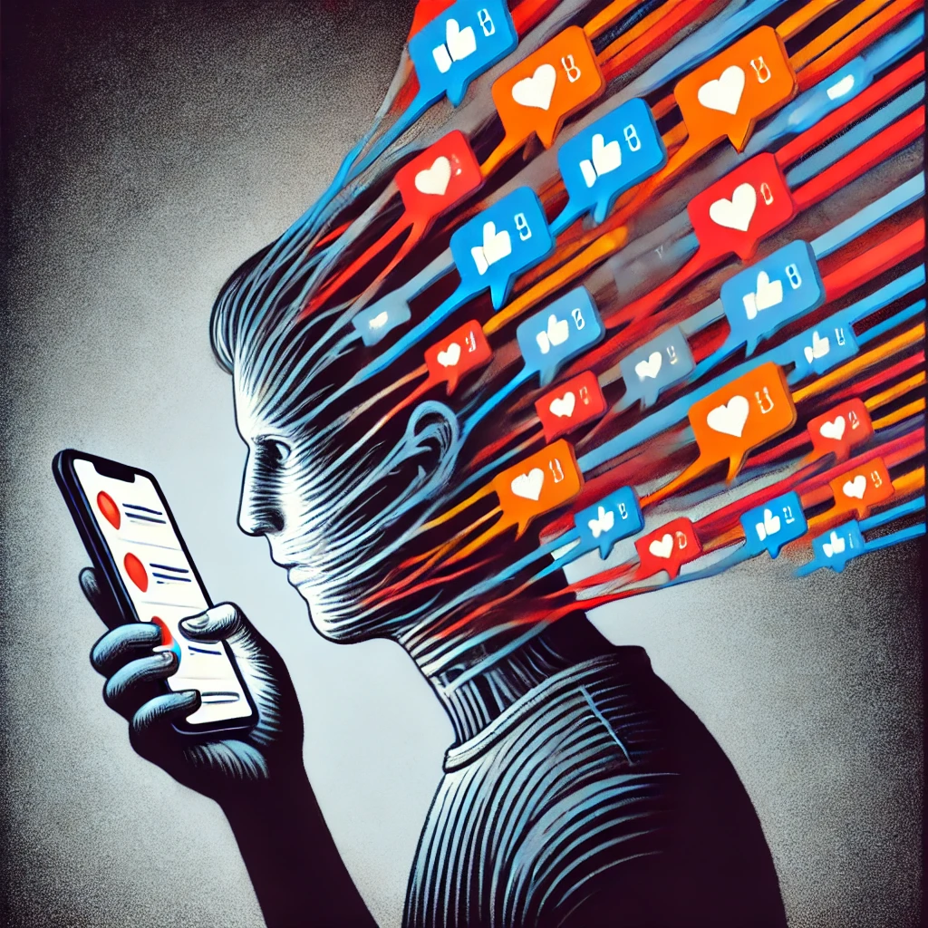 Ilustrace osoby drzici telefon s prazdnymi zpravami symbolizujici prazdnotu bezmyslenkoviteho sdileni