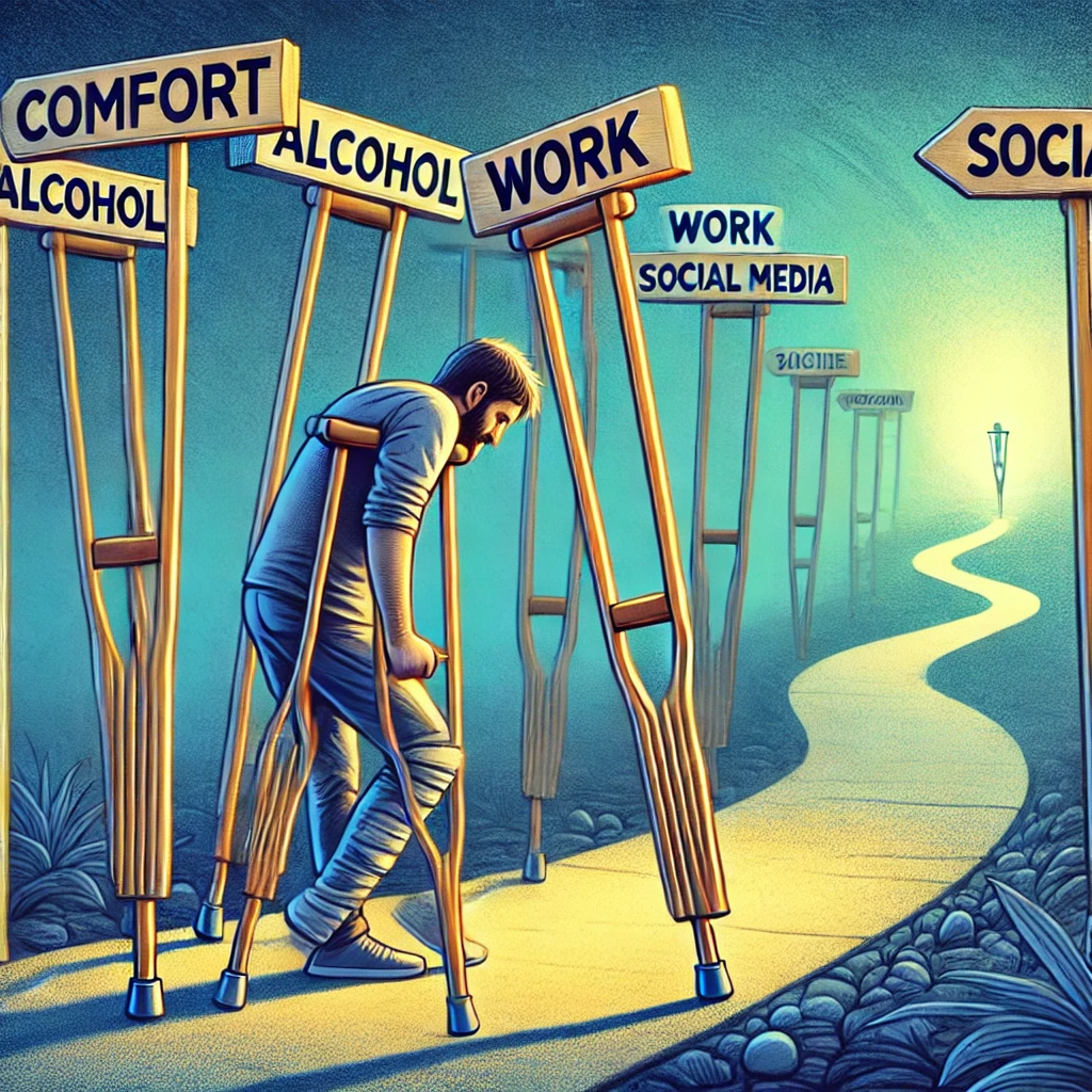 Symbolicka ilustrace osoby opirajici se o nekolik berli oznacenych slovy jako pohodli alkohol prace a socialni media symbolizujici vnejsi berle na ktere se lide spolehaji pro podporu