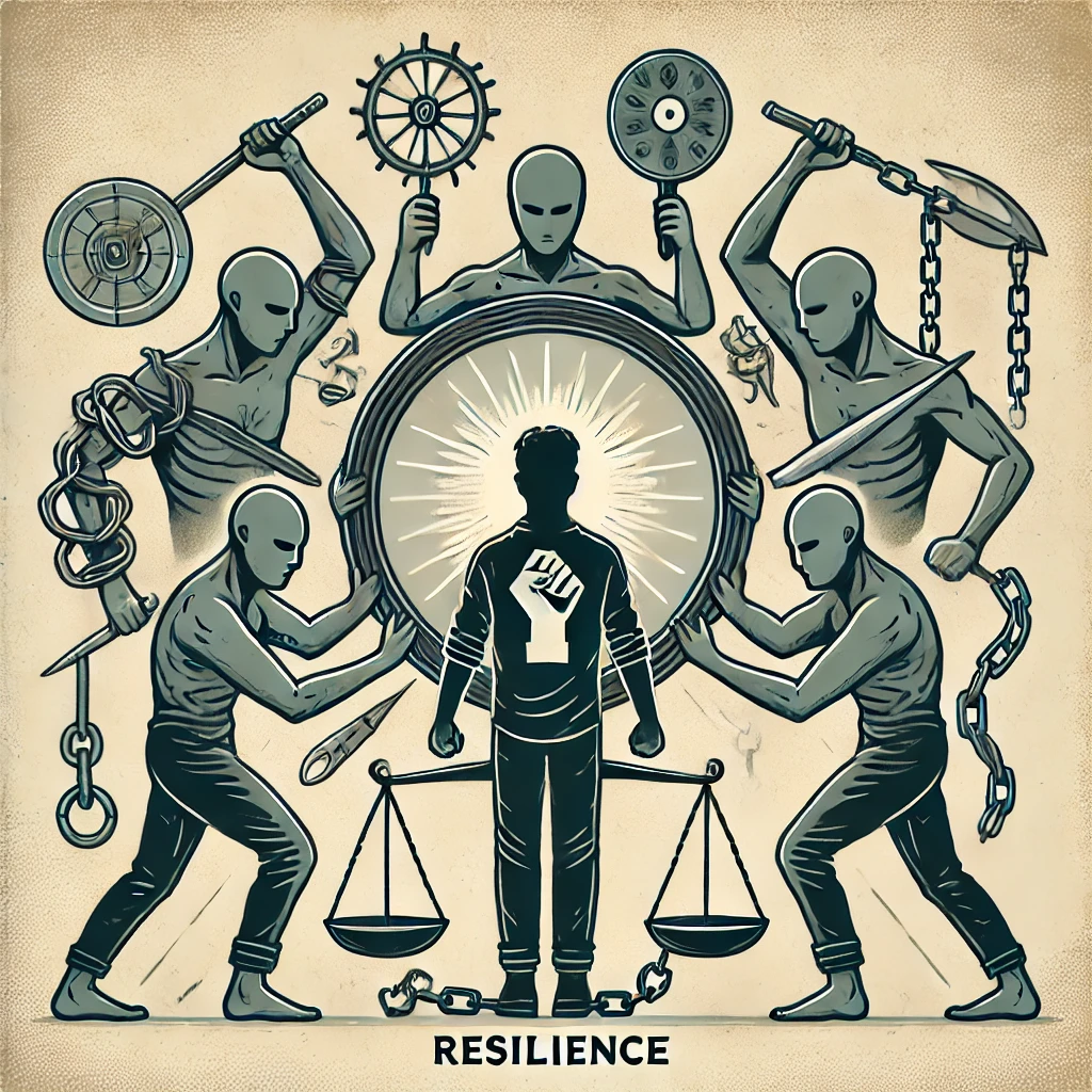 Ilustrace osoby obklopene peti temnymi postavami drzicimi symbolicke nastroje jako je zrcadlo retezy a vahy reprezentujici psychologicke zbrane jako kritiku a manipulaci
