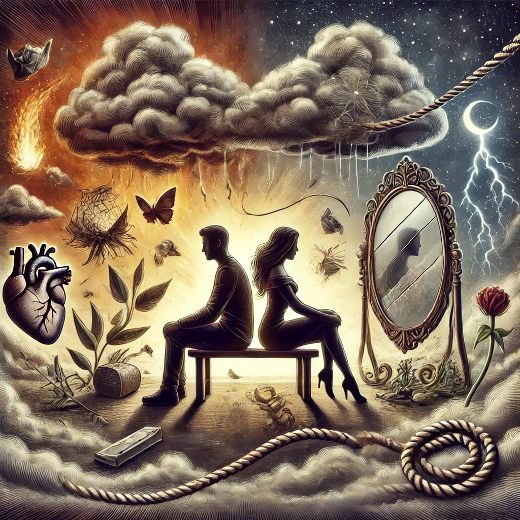 Ilustrace paru sediciho zady k sobe na lavicce obklopeneho symboly nedorozumeni jako bourkove mraky praskle zrcadlo a zauzlene lano