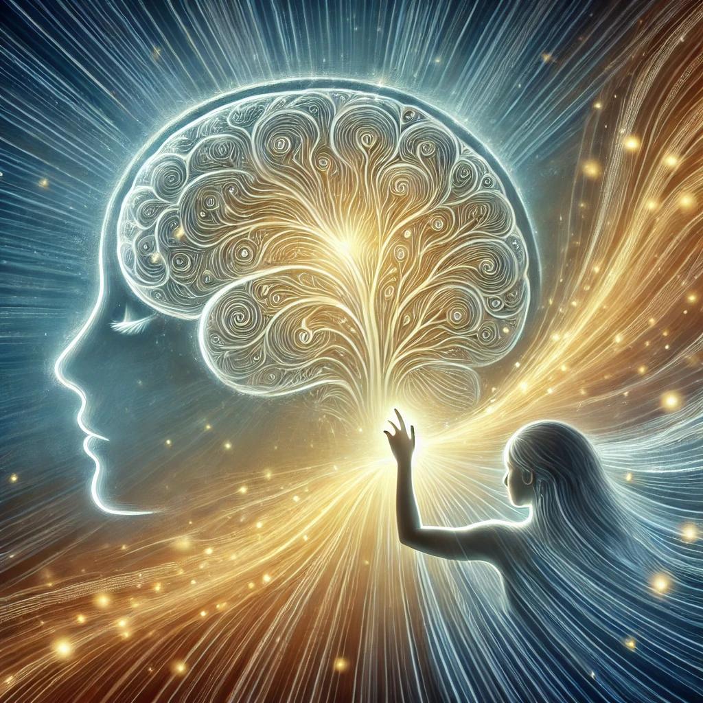 Ilustrace zariciho mozku obklopeneho energetickymi vlnami vedle cloveka cerpajiciho z nej silu a inspiraci