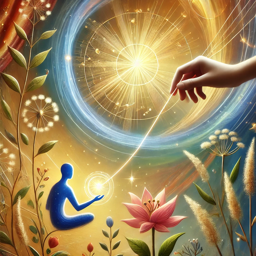Ilustrace osoby drzici zarici nit ktera spojuje kruh lidi symbolizujici budovani smysluplnych a harmonickych vztahu