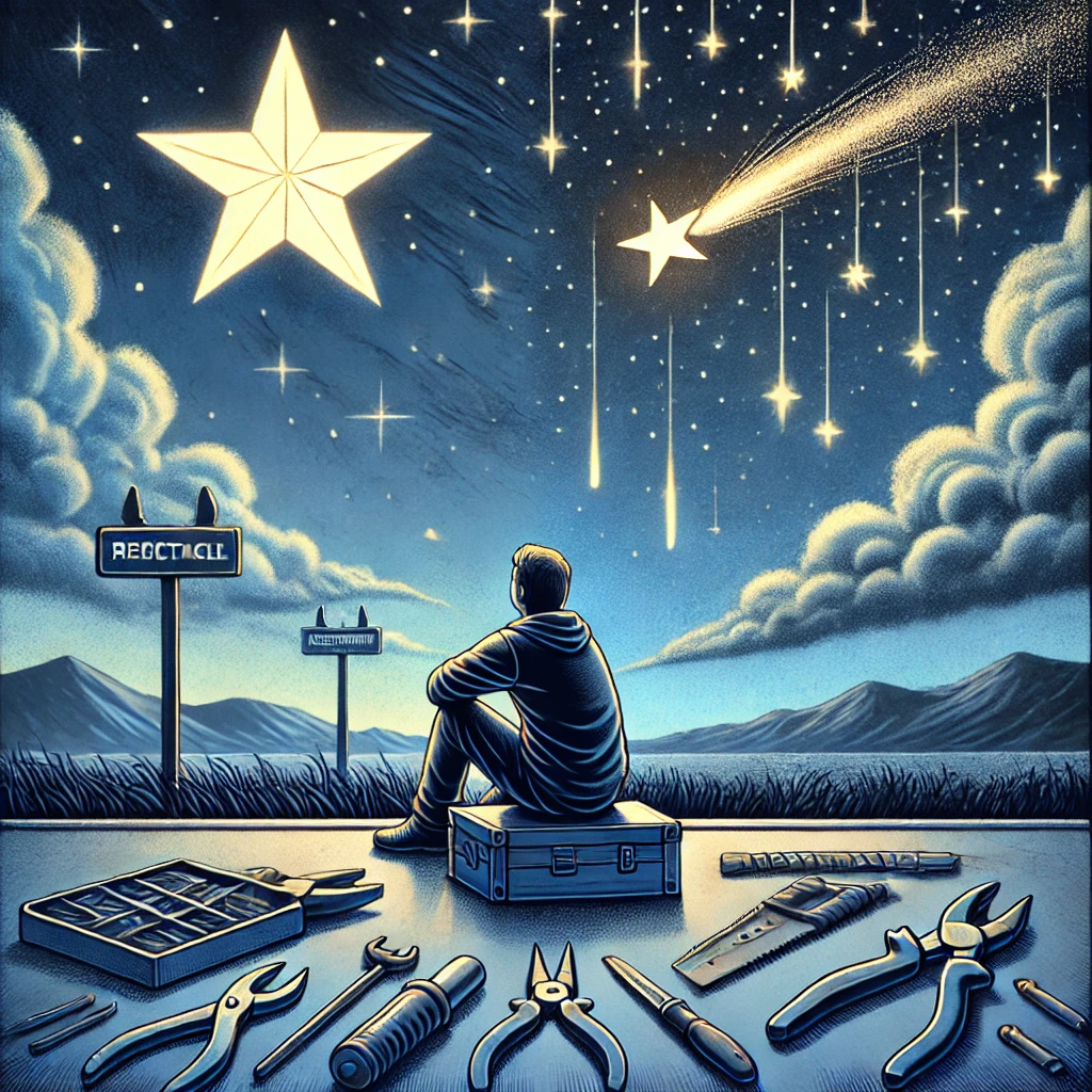 Ilustrace cloveka hlediciho na padajici hvezdu zatimco ignoruje nastroje a zdroje kolem sebe symbolizujici mylne spolehani na zazrak