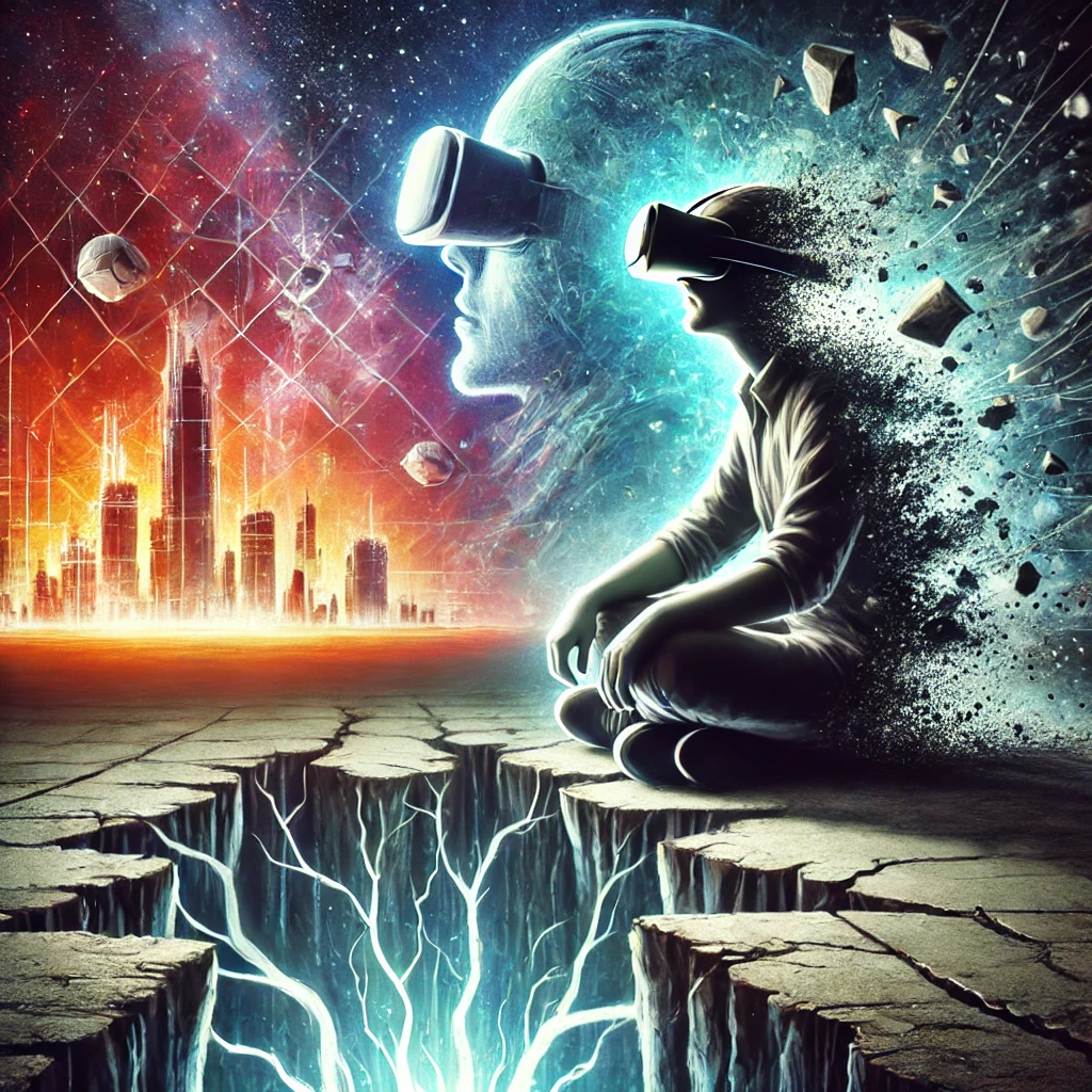 Ilustrace cloveka s VR headsetem stojiciho na praskajici zemi s kontrastem mezi lakavym virtualnim svetem a tmavou realitou