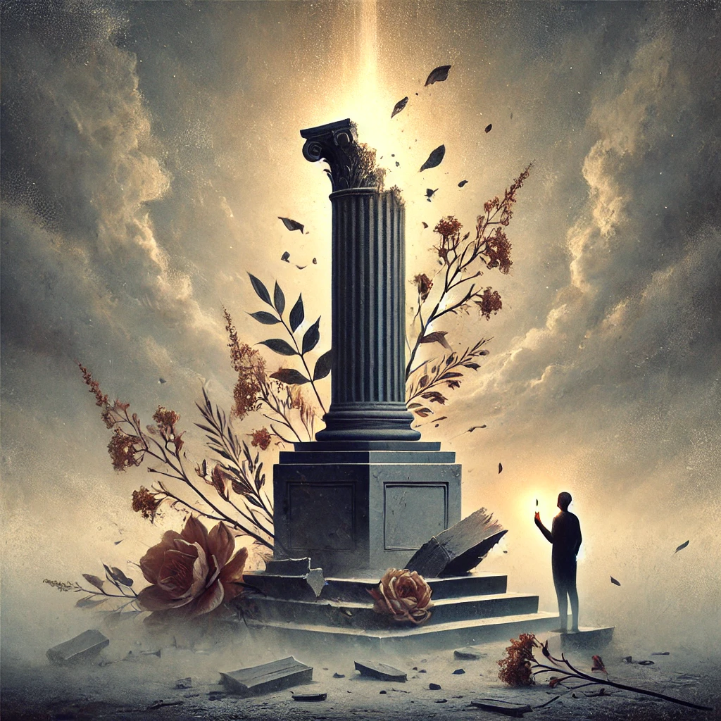 Ilustrace rozbiteho podstavce obklopeneho zvadlymi kvety symbolizujiciho ztratu osobnich idealu a nadeji na novy zacatek