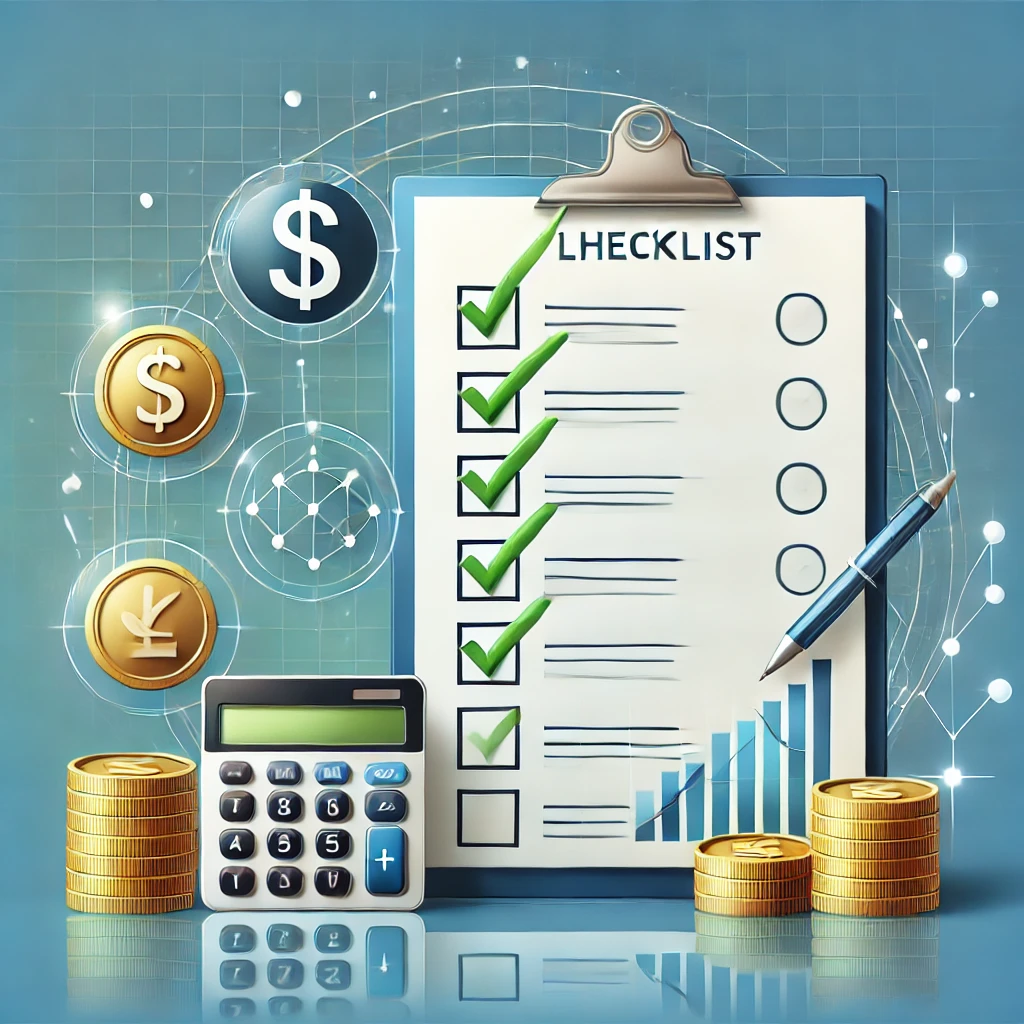 Checklist s financnimi ikonami jako jsou mince kalkulacka a graf symbolizuje kontrolu a pripravenost v oblasti financi