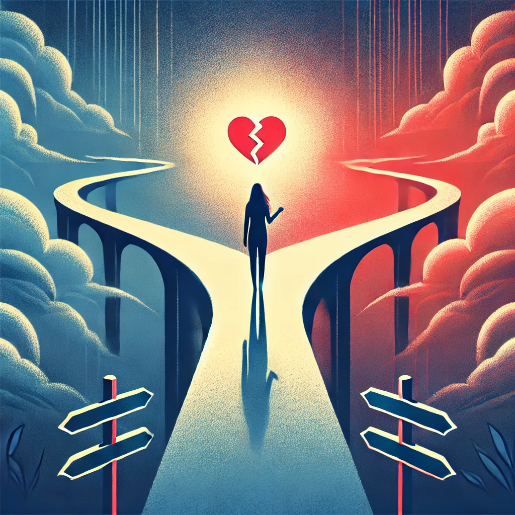 Ilustrace osoby vahajici nad rozchodem s motivy rozhodovani a noveho zacatku