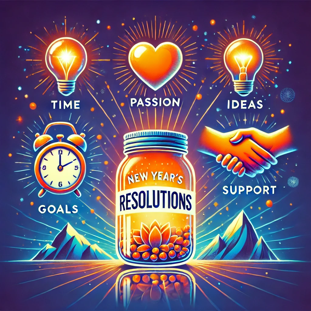 Zarici nadoba s napisem Resolutions a peti symboly hodiny srdce zarovka hora a potreseni rukou