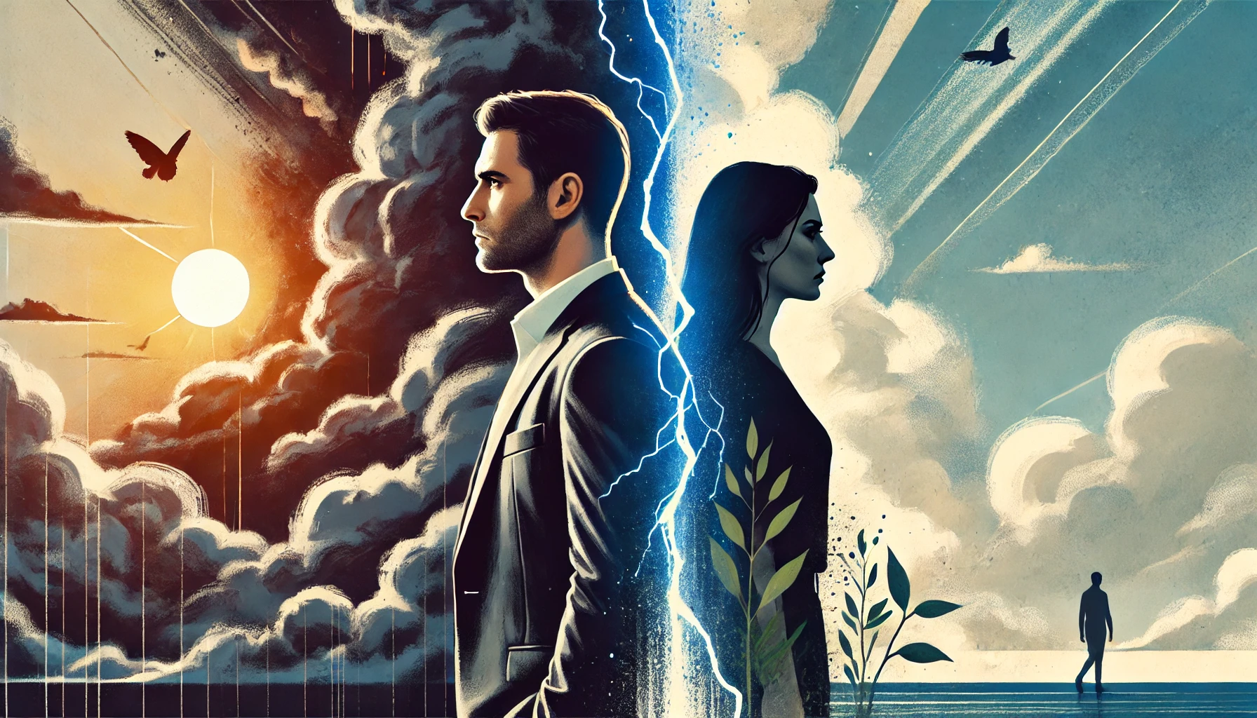 Ilustrace nefunkcniho vztahu s kontrastnim pozadim symbolizujicim emocionalni napeti a moznost zmeny