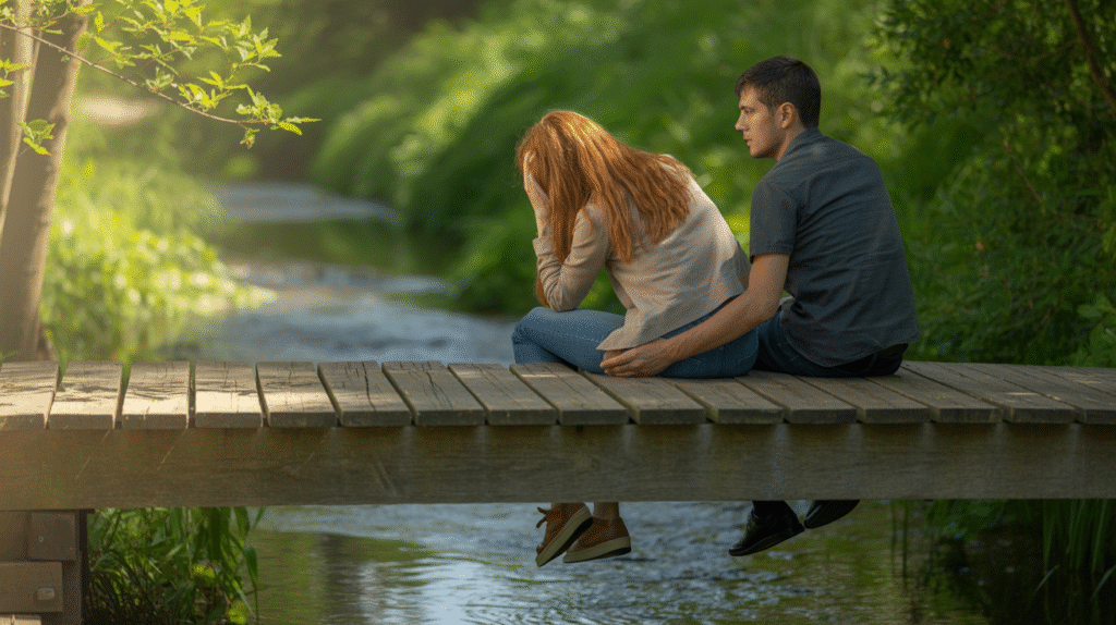 a photograph of a couple sitting on a bridge thinking