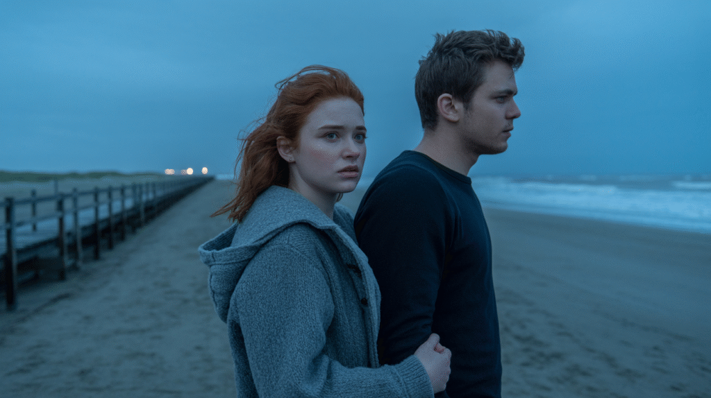 photograph of a young couple standing onthebeach