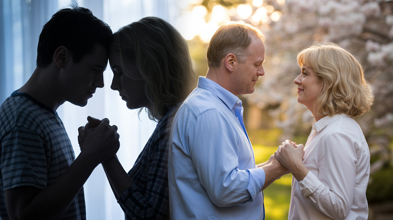 a split screen photograph dramatically speaking couple